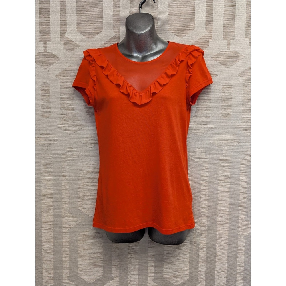 NEW! Hallhuber S Silk, Cotton Ruffle Jersey Blouse In Coral